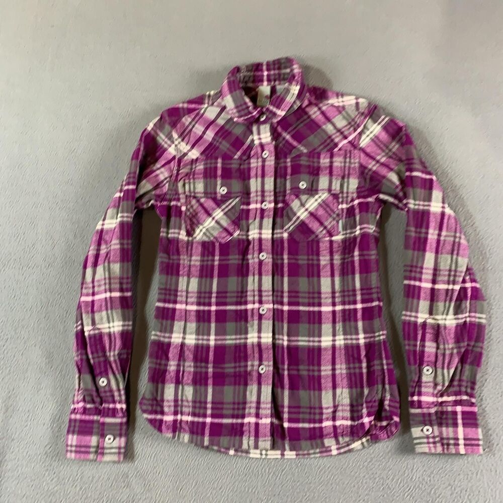 Stio Shirt Womens XS Pink Gray Plaid Flannel Long Sleeve Button Up Casual Top